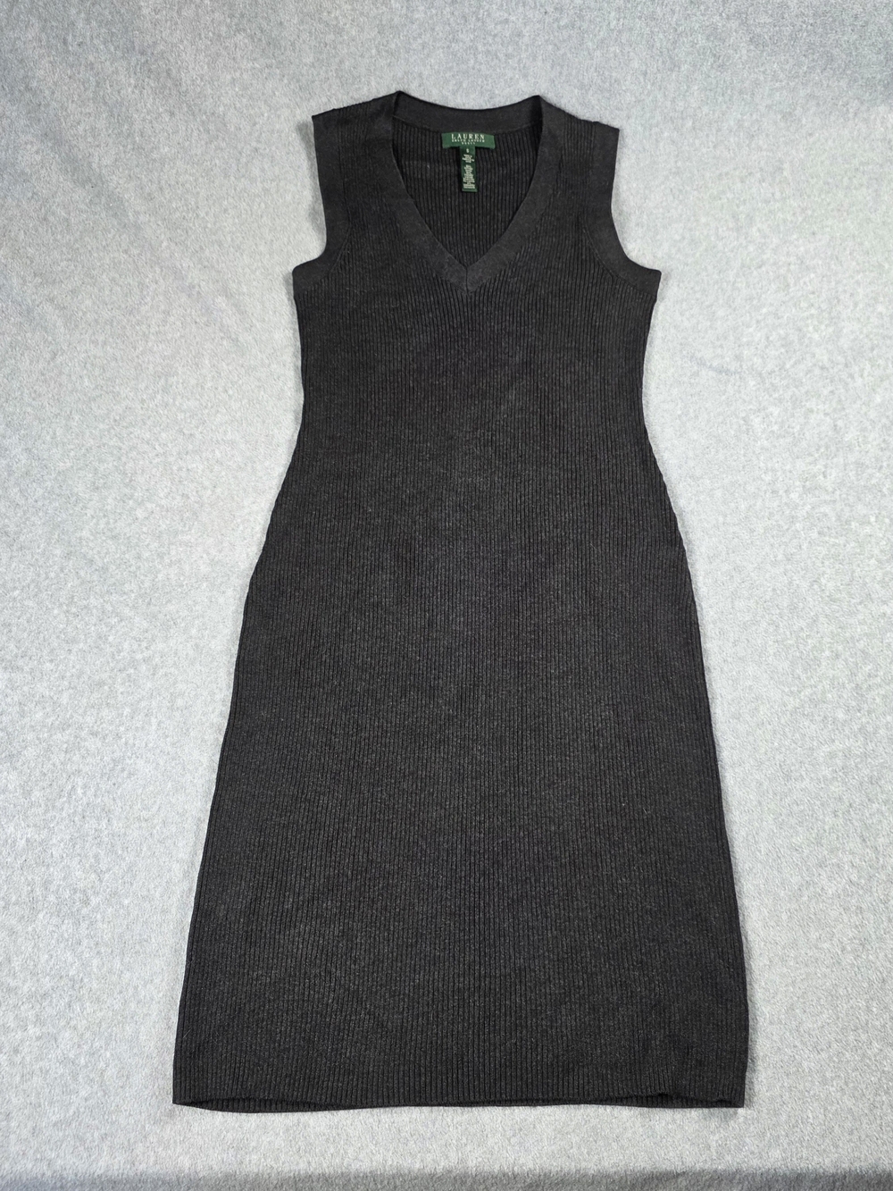 Lauren Ralph Lauren Charcoal Ribbed V-Neck Sleeveless Mini Dress